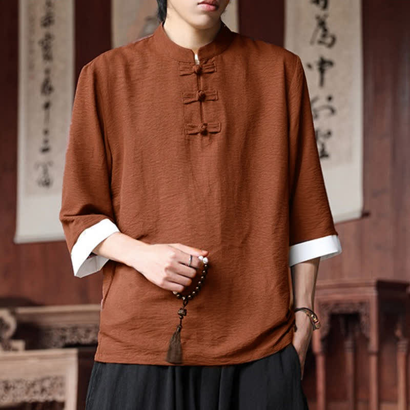Nimara Ritual Summer Tang Style Vintage Mandarin Collar Frog Button Solid Men's Elbow-Length Sleeve Shirts