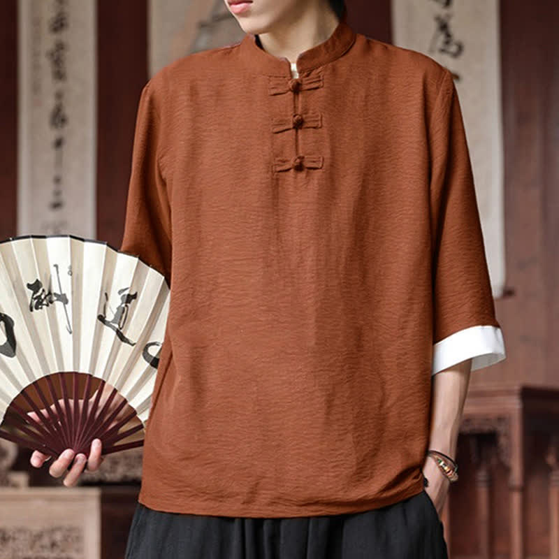 Nimara Ritual Summer Tang Style Vintage Mandarin Collar Frog Button Solid Men's Elbow-Length Sleeve Shirts