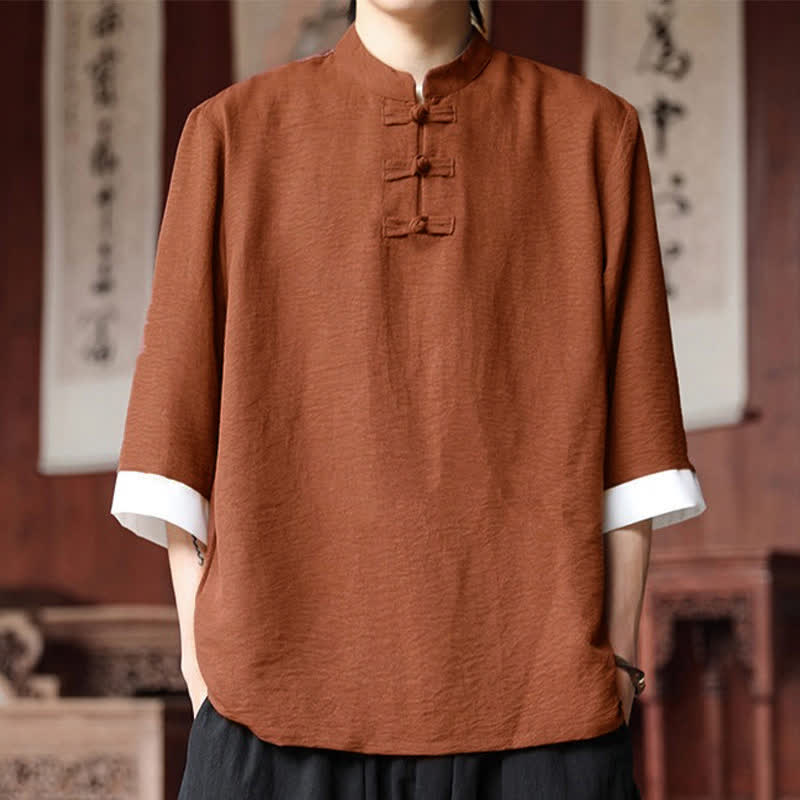 Nimara Ritual Summer Tang Style Vintage Mandarin Collar Frog Button Solid Men's Elbow-Length Sleeve Shirts