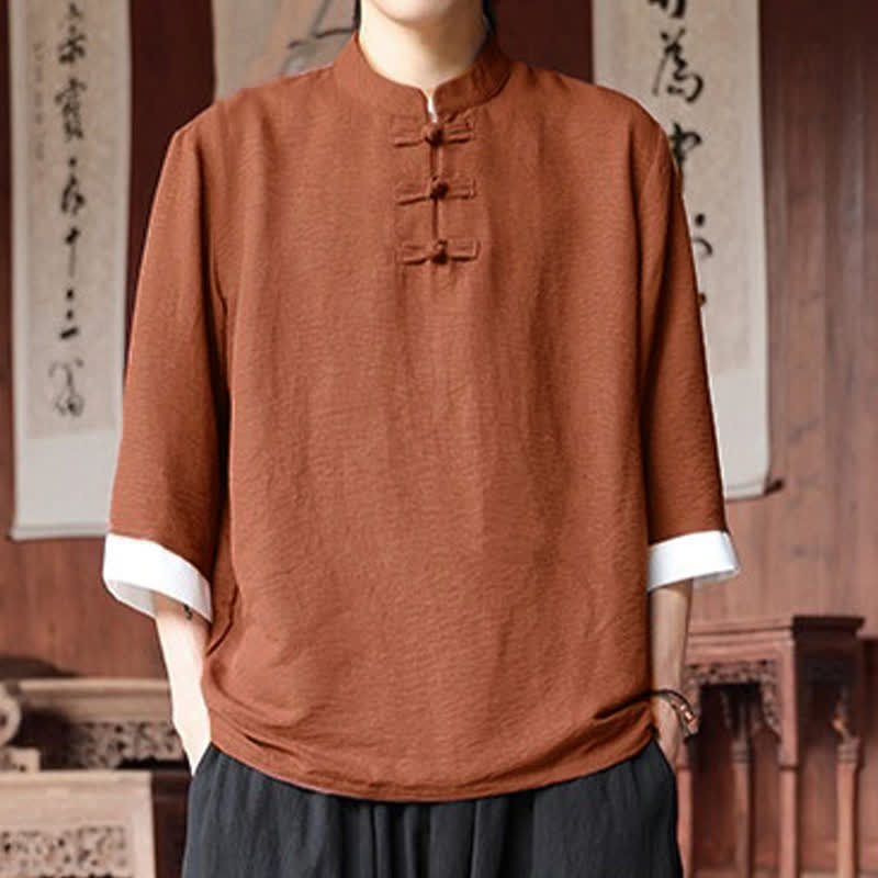 Nimara Ritual Summer Tang Style Vintage Mandarin Collar Frog Button Solid Men's Elbow-Length Sleeve Shirts