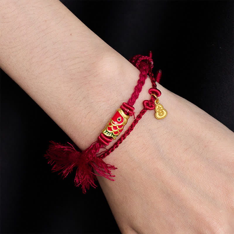 Nimara Ritual Alloy Koi Fish Gourd Pendant Success Retro Double-Strand String Bracelet
