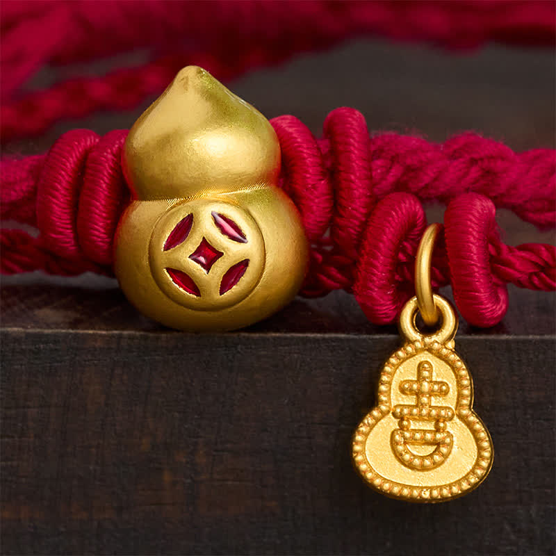 Nimara Ritual Alloy Gourd Shaped Chinese Coin Gourd Pendant Wealth Double-Strand Red String Bracelet