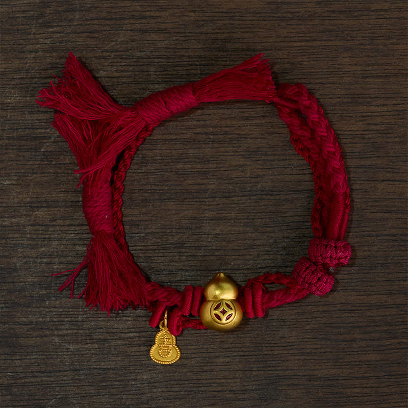 Nimara Ritual Alloy Gourd Shaped Chinese Coin Gourd Pendant Wealth Double-Strand Red String Bracelet