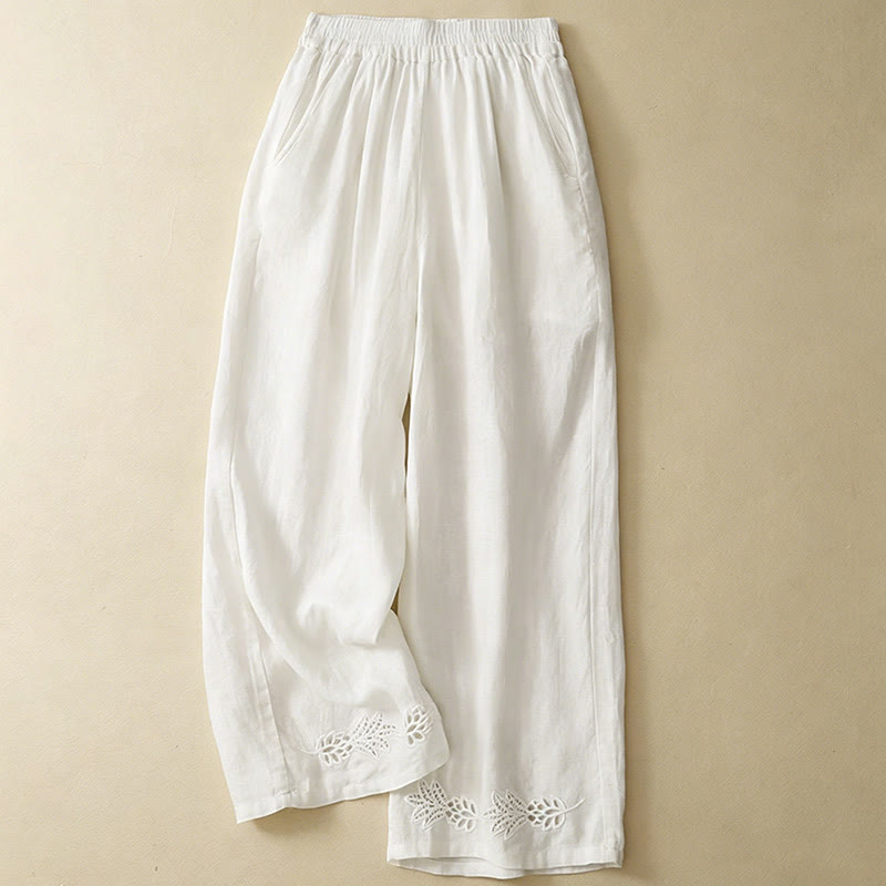 Nimara Ritual Summer Casual Hollow Embroidery Hem Solid Ankle Pants Women's Harem Pants With Pocket