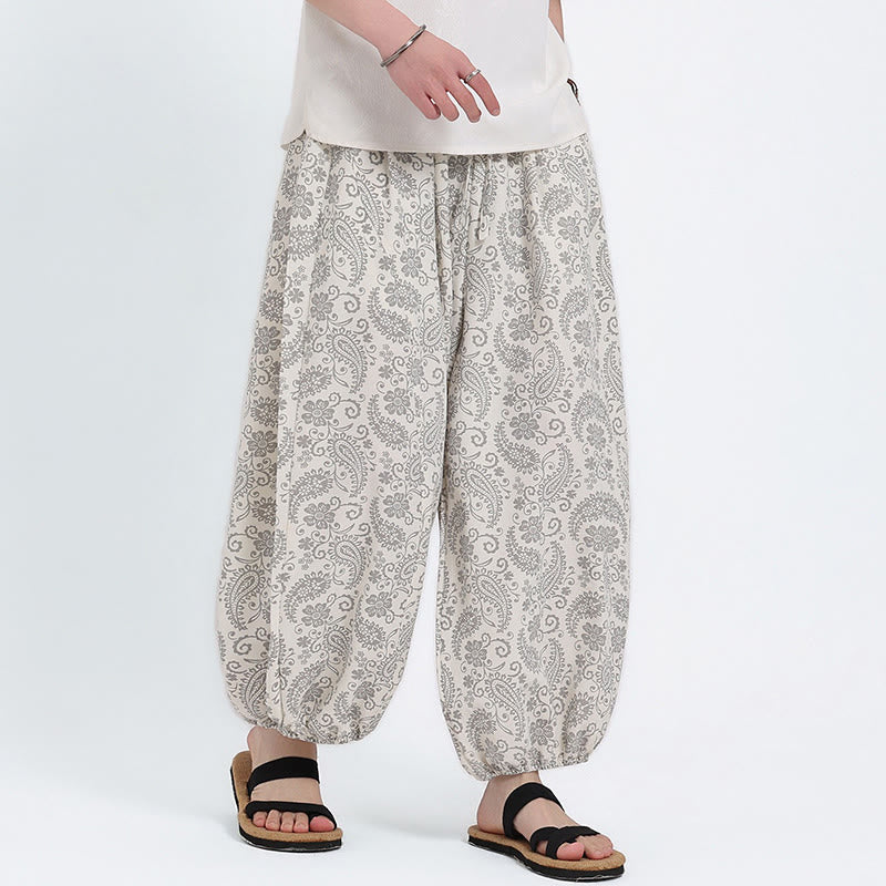 Nimara Ritual Summer Boho Casual Drawstring Paisley Capri Pants Men's Harem Pants With Pocket