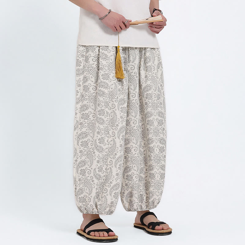 Nimara Ritual Summer Boho Casual Drawstring Paisley Capri Pants Men's Harem Pants With Pocket
