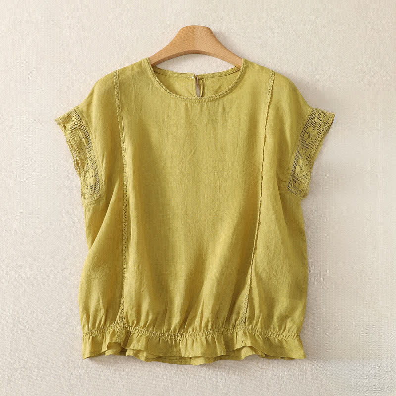 Nimara Ritual Summer Casual Simple Drawstring Elastic Hem Solid Ramie Women's Short Sleeve T-Shirts