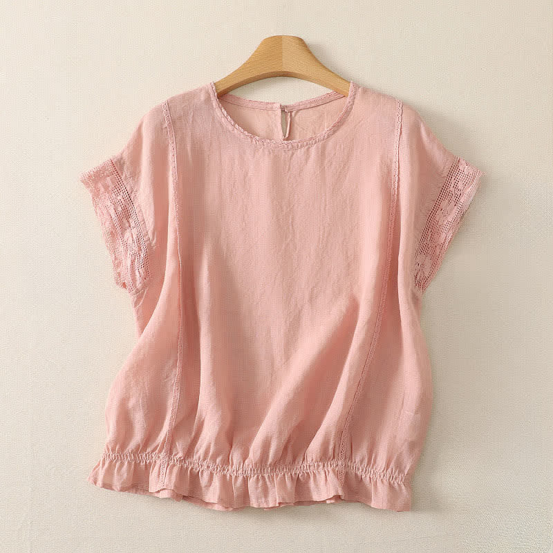 Nimara Ritual Summer Casual Simple Drawstring Elastic Hem Solid Ramie Women's Short Sleeve T-Shirts