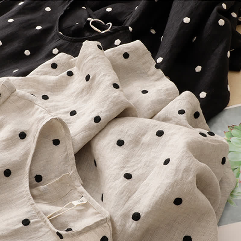 Nimara Ritual Summer Casual Vintage Drawstring Polka Dot Crew Neck Women's Summer Sleeveless Dress With Pocket