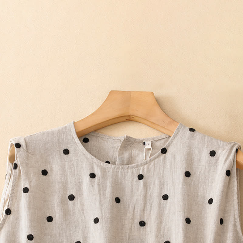 Nimara Ritual Summer Casual Vintage Drawstring Polka Dot Crew Neck Women's Summer Sleeveless Dress With Pocket