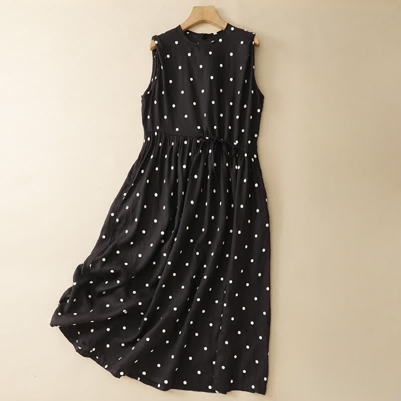 Nimara Ritual Summer Casual Vintage Drawstring Polka Dot Crew Neck Women's Summer Sleeveless Dress With Pocket