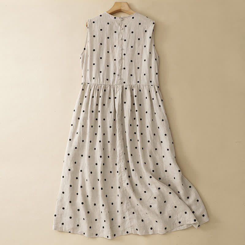Nimara Ritual Summer Casual Vintage Drawstring Polka Dot Crew Neck Women's Summer Sleeveless Dress With Pocket