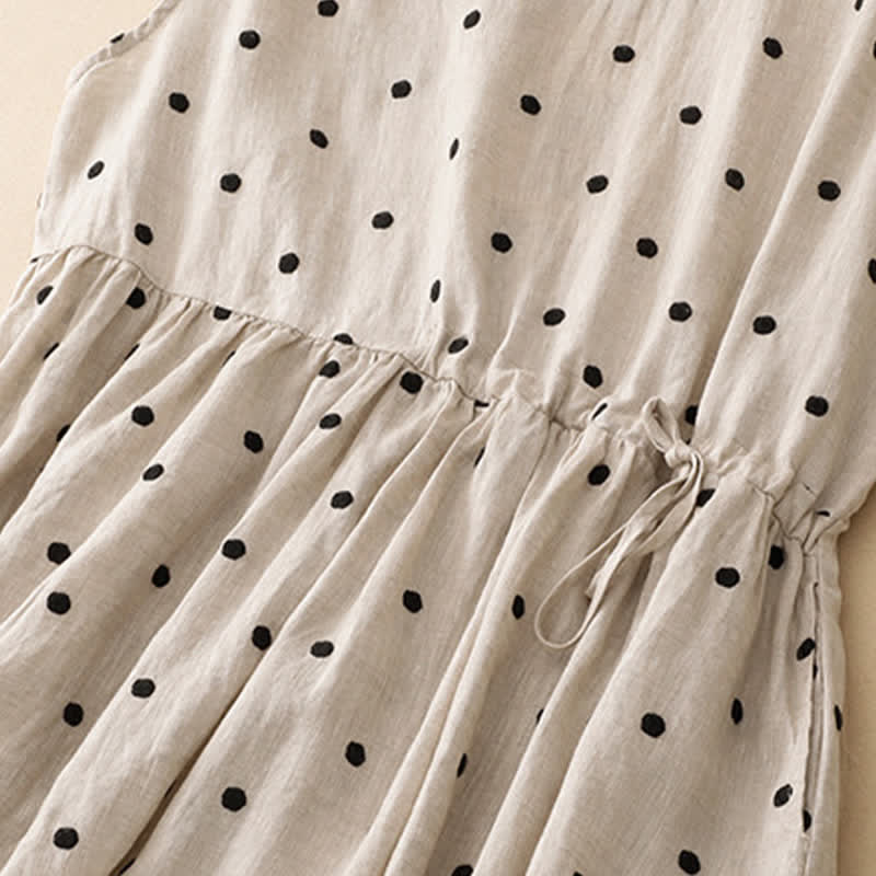 Nimara Ritual Summer Casual Vintage Drawstring Polka Dot Crew Neck Women's Summer Sleeveless Dress With Pocket