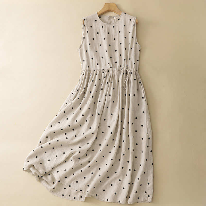 Nimara Ritual Summer Casual Vintage Drawstring Polka Dot Crew Neck Women's Summer Sleeveless Dress With Pocket