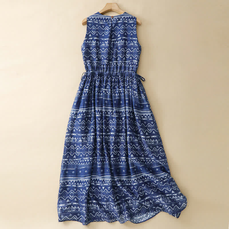 Nimara Ritual Summer Boho Casual Blue wavy shape Geometric Women's Summer Sleeveless Dress With Pocket