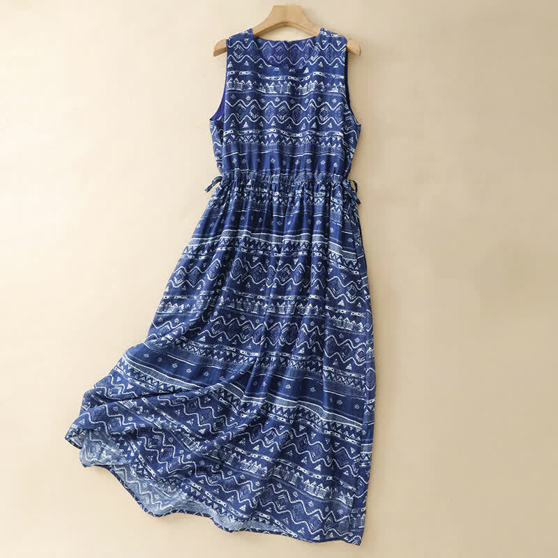 Nimara Ritual Summer Boho Casual Blue wavy shape Geometric Women's Summer Sleeveless Dress With Pocket