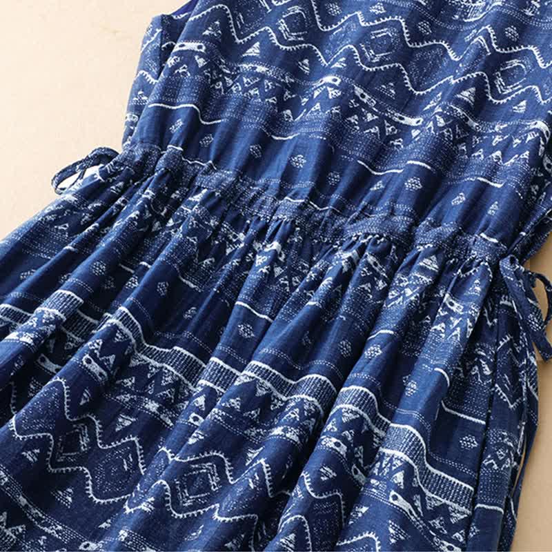Nimara Ritual Summer Boho Casual Blue wavy shape Geometric Women's Summer Sleeveless Dress With Pocket
