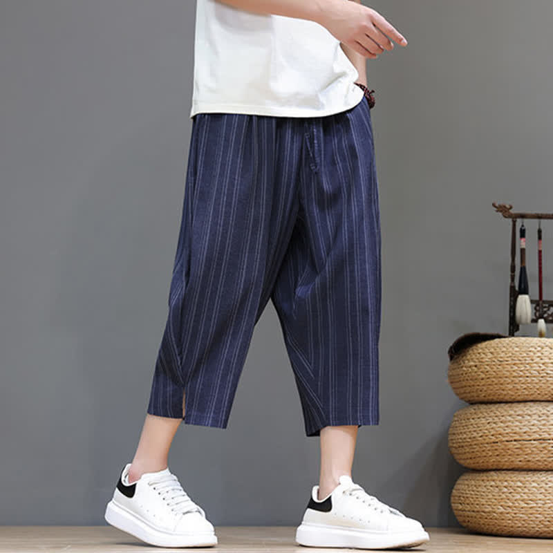 Nimara Ritual Summer Casual Drawstring Striped Capri Pants Men's Harem Pants With Pocket