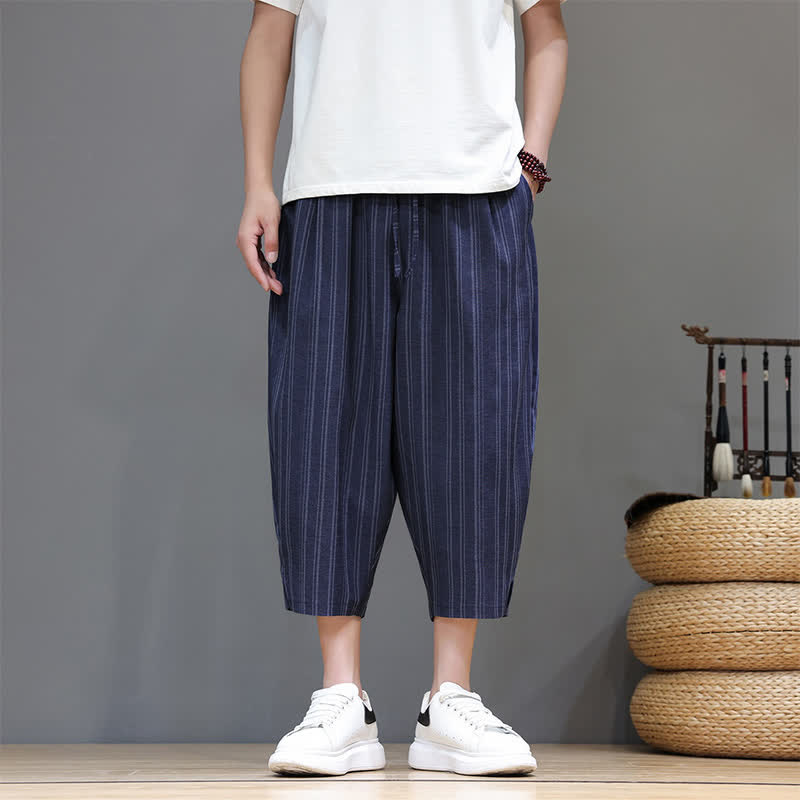 Nimara Ritual Summer Casual Drawstring Striped Capri Pants Men's Harem Pants With Pocket