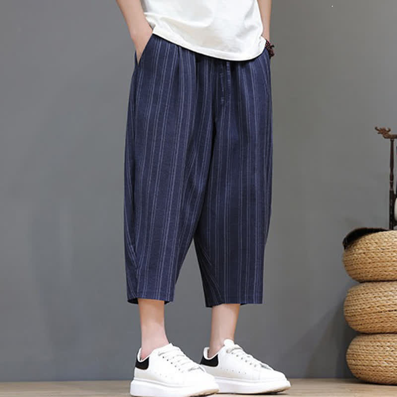 Nimara Ritual Summer Casual Drawstring Striped Capri Pants Men's Harem Pants With Pocket