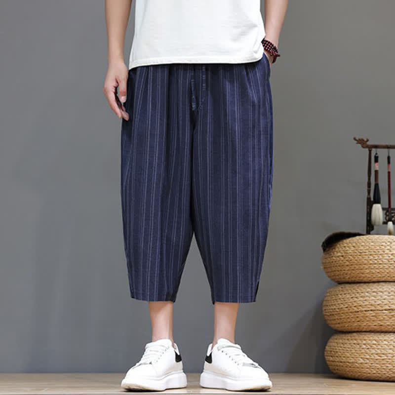 Nimara Ritual Summer Casual Drawstring Striped Capri Pants Men's Harem Pants With Pocket
