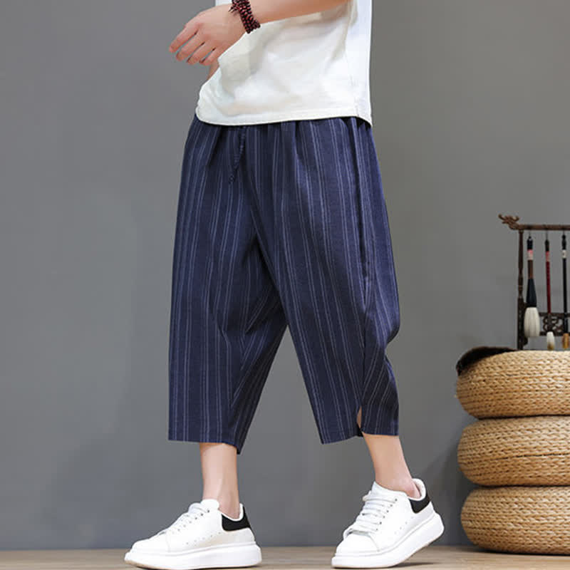 Nimara Ritual Summer Casual Drawstring Striped Capri Pants Men's Harem Pants With Pocket