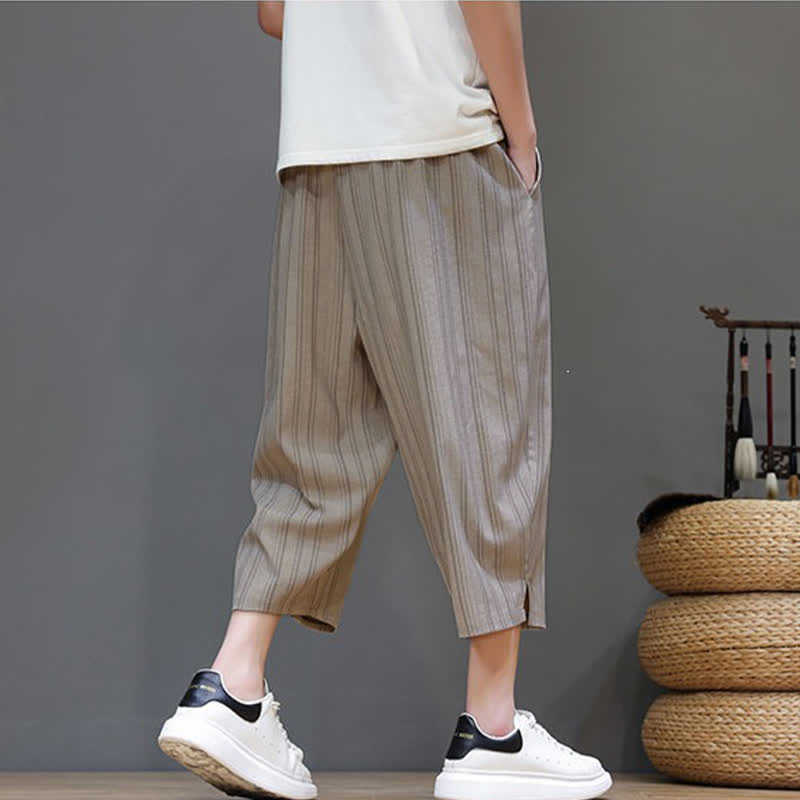 Nimara Ritual Summer Casual Drawstring Striped Capri Pants Men's Harem Pants With Pocket