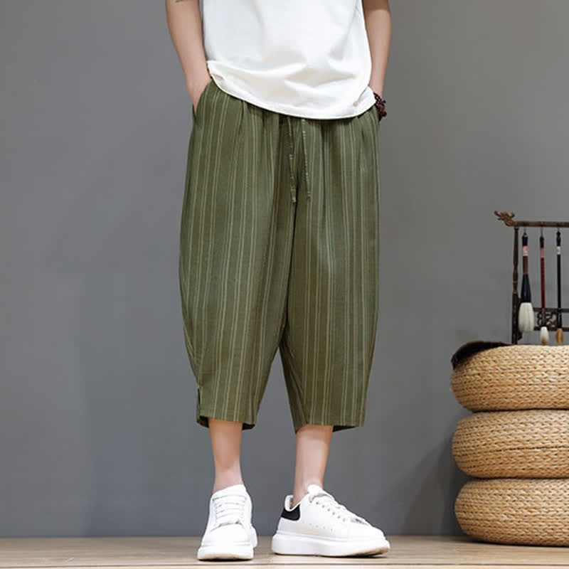 Nimara Ritual Summer Casual Drawstring Striped Capri Pants Men's Harem Pants With Pocket