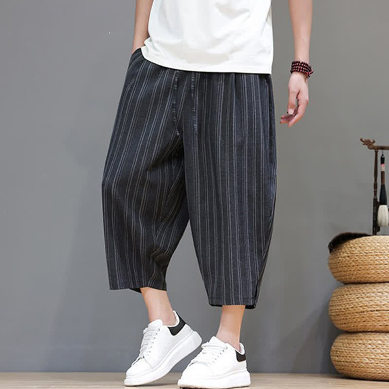 Nimara Ritual Summer Casual Drawstring Striped Capri Pants Men's Harem Pants With Pocket