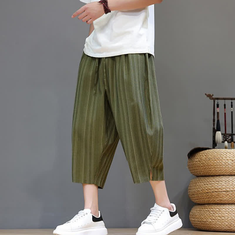 Nimara Ritual Summer Casual Drawstring Striped Capri Pants Men's Harem Pants With Pocket