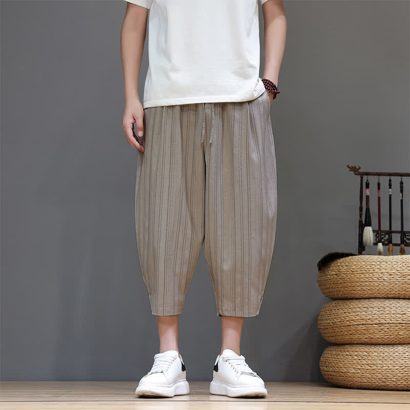 Nimara Ritual Summer Casual Drawstring Striped Capri Pants Men's Harem Pants With Pocket