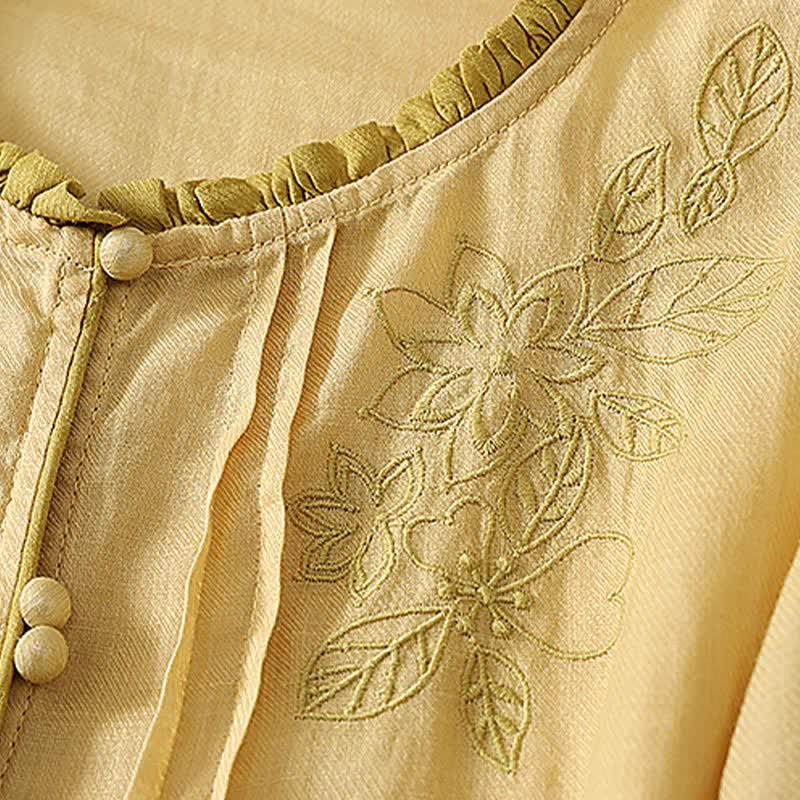 Nimara Ritual Spring Summer Casual Elegant Embroidery Floral Leaves Button-Up Women's Long Sleeve Shirts