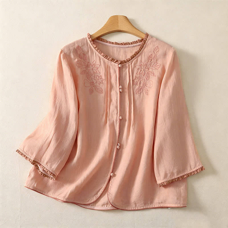 Nimara Ritual Spring Summer Casual Elegant Embroidery Floral Leaves Button-Up Women's Long Sleeve Shirts