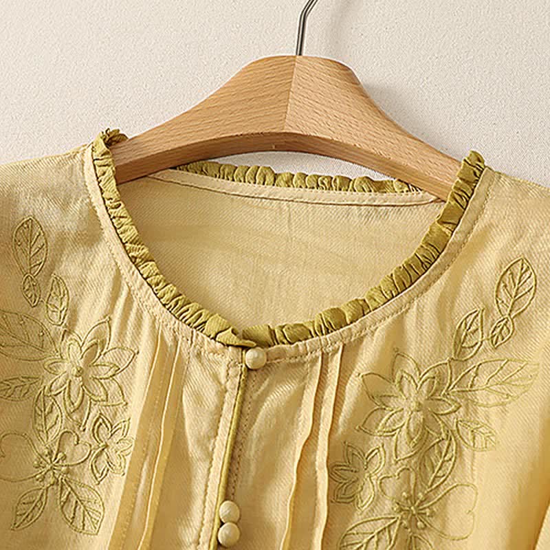 Nimara Ritual Spring Summer Casual Elegant Embroidery Floral Leaves Button-Up Women's Long Sleeve Shirts