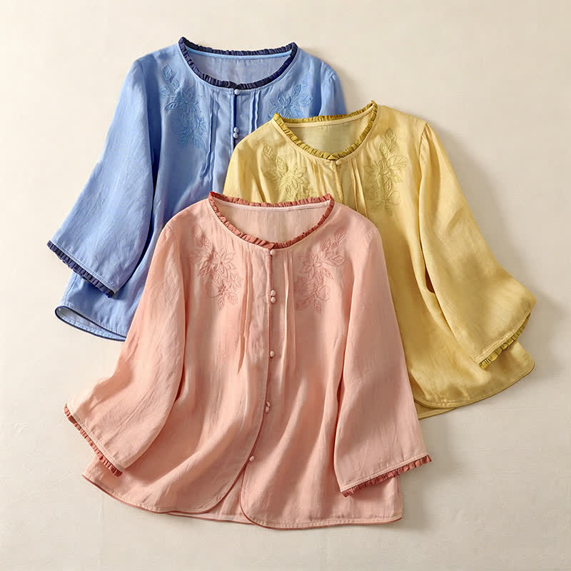 Nimara Ritual Spring Summer Casual Elegant Embroidery Floral Leaves Button-Up Women's Long Sleeve Shirts