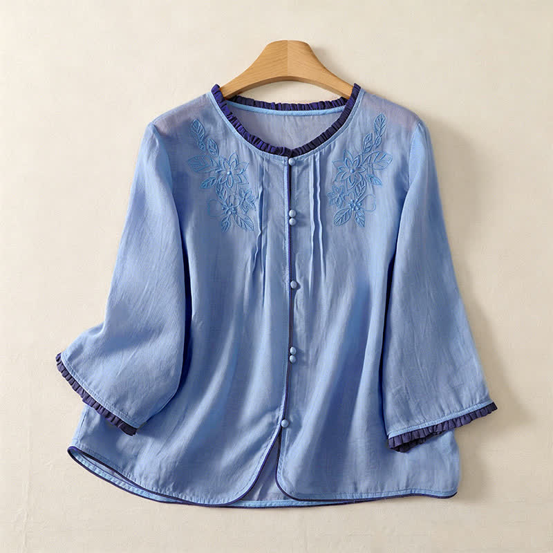 Nimara Ritual Spring Summer Casual Elegant Embroidery Floral Leaves Button-Up Women's Long Sleeve Shirts