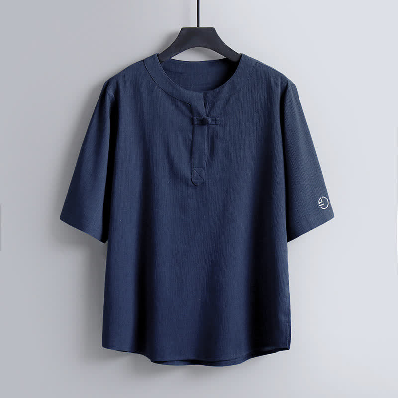 Nimara Ritual Summer Tang Style Casual Pankou Crew Neck Solid Men's Short Sleeve Shirts