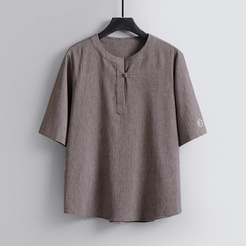 Nimara Ritual Summer Tang Style Casual Pankou Crew Neck Solid Men's Short Sleeve Shirts