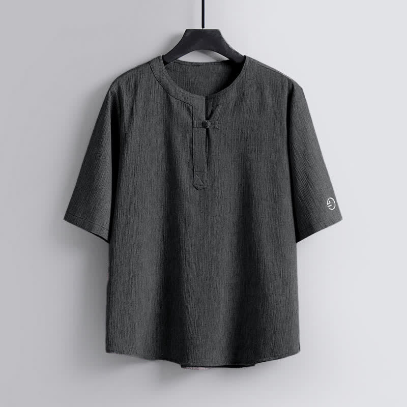 Nimara Ritual Summer Tang Style Casual Pankou Crew Neck Solid Men's Short Sleeve Shirts