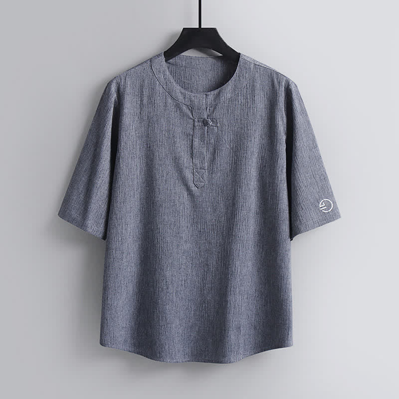 Nimara Ritual Summer Tang Style Casual Pankou Crew Neck Solid Men's Short Sleeve Shirts