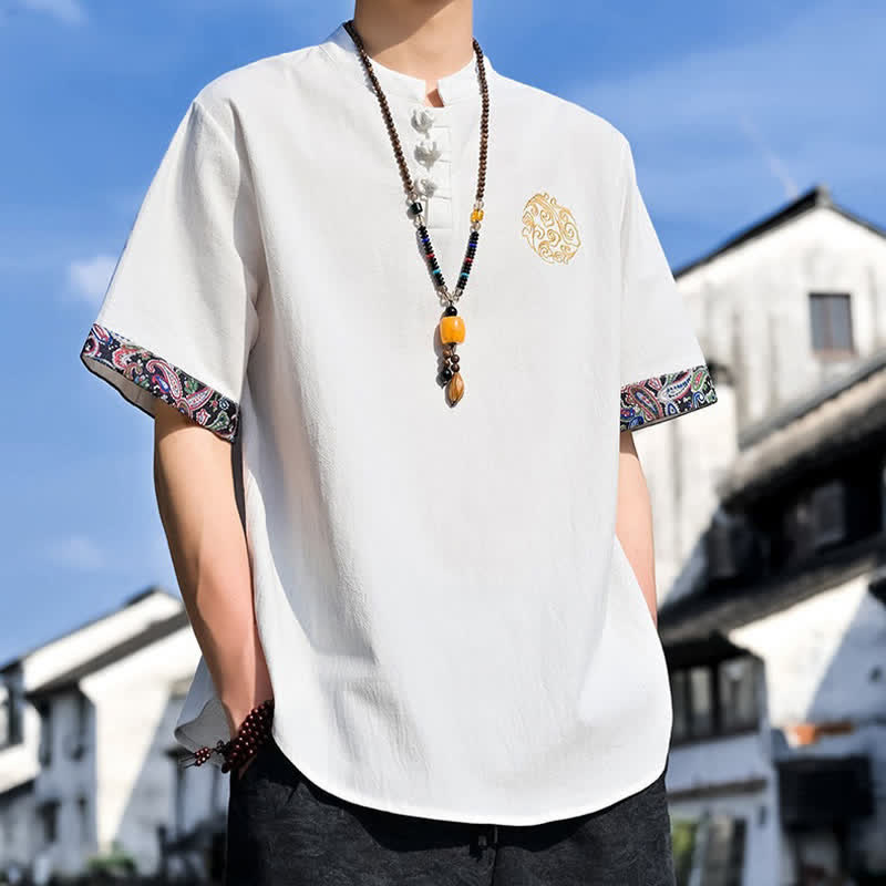 Nimara Ritual Summer Tang Style Casual Frog Button Embroidery Men's Short Sleeve Shirts