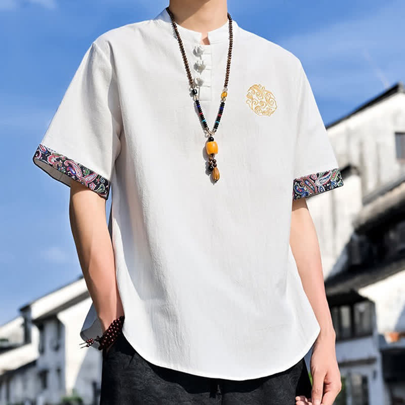 Nimara Ritual Summer Tang Style Casual Frog Button Embroidery Men's Short Sleeve Shirts