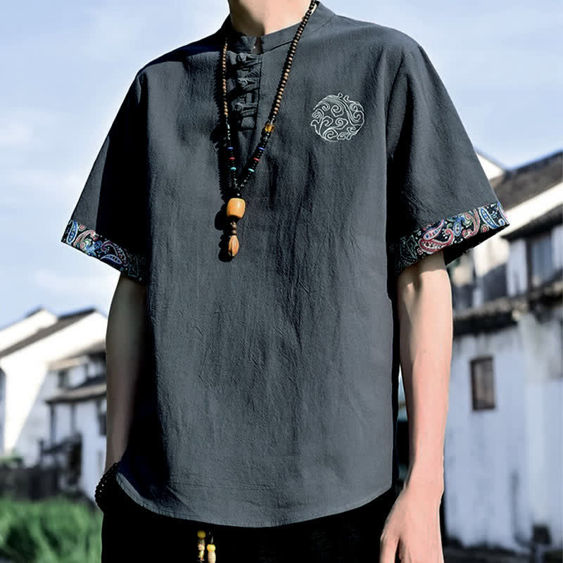 Nimara Ritual Summer Tang Style Casual Frog Button Embroidery Men's Short Sleeve Shirts
