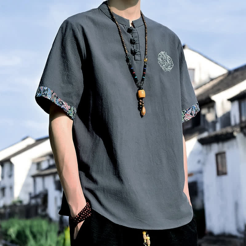 Nimara Ritual Summer Tang Style Casual Frog Button Embroidery Men's Short Sleeve Shirts