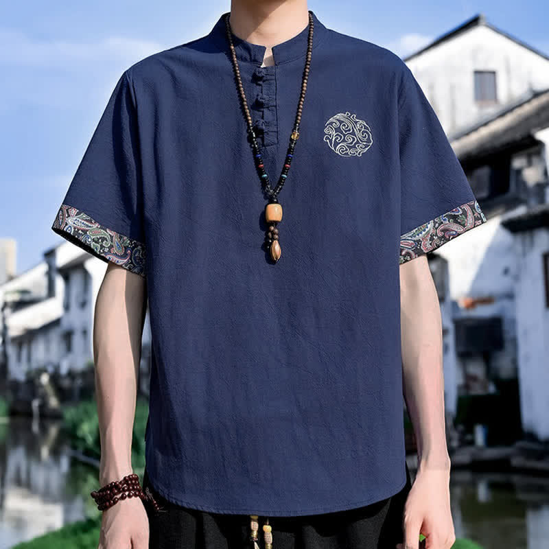 Nimara Ritual Summer Tang Style Casual Frog Button Embroidery Men's Short Sleeve Shirts
