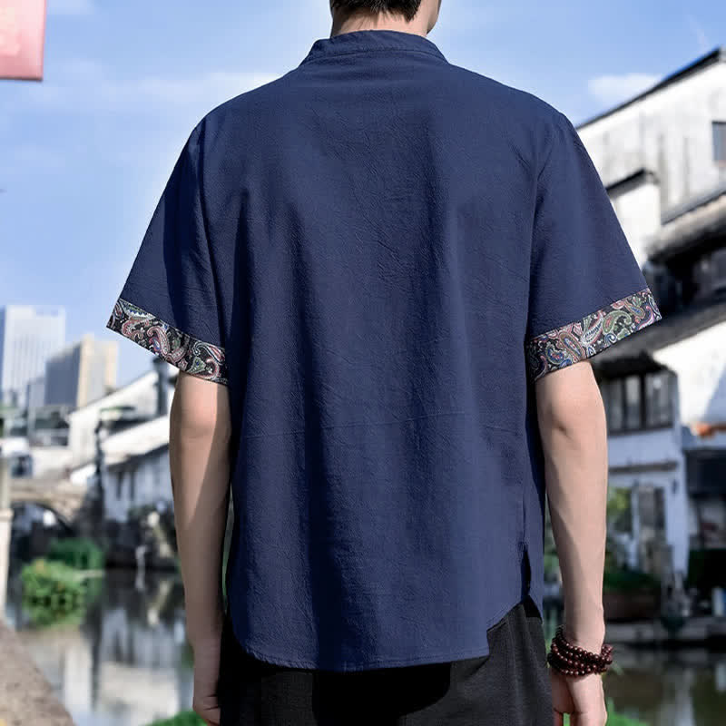 Nimara Ritual Summer Tang Style Casual Frog Button Embroidery Men's Short Sleeve Shirts