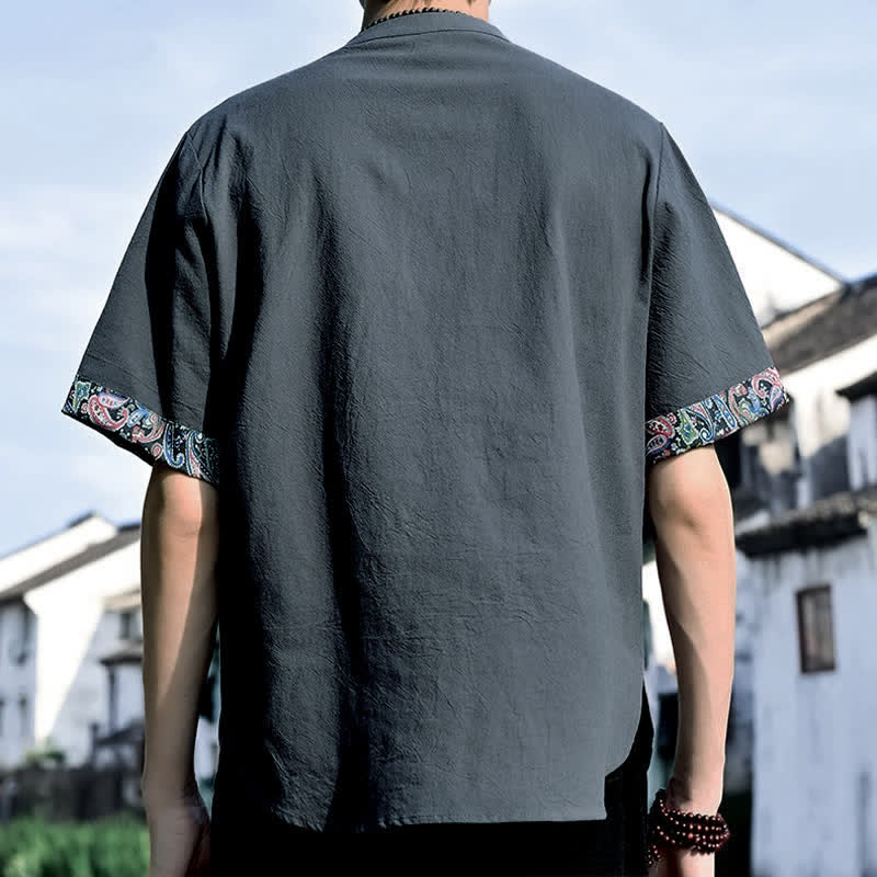 Nimara Ritual Summer Tang Style Casual Frog Button Embroidery Men's Short Sleeve Shirts