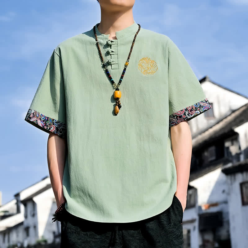 Nimara Ritual Summer Tang Style Casual Frog Button Embroidery Men's Short Sleeve Shirts