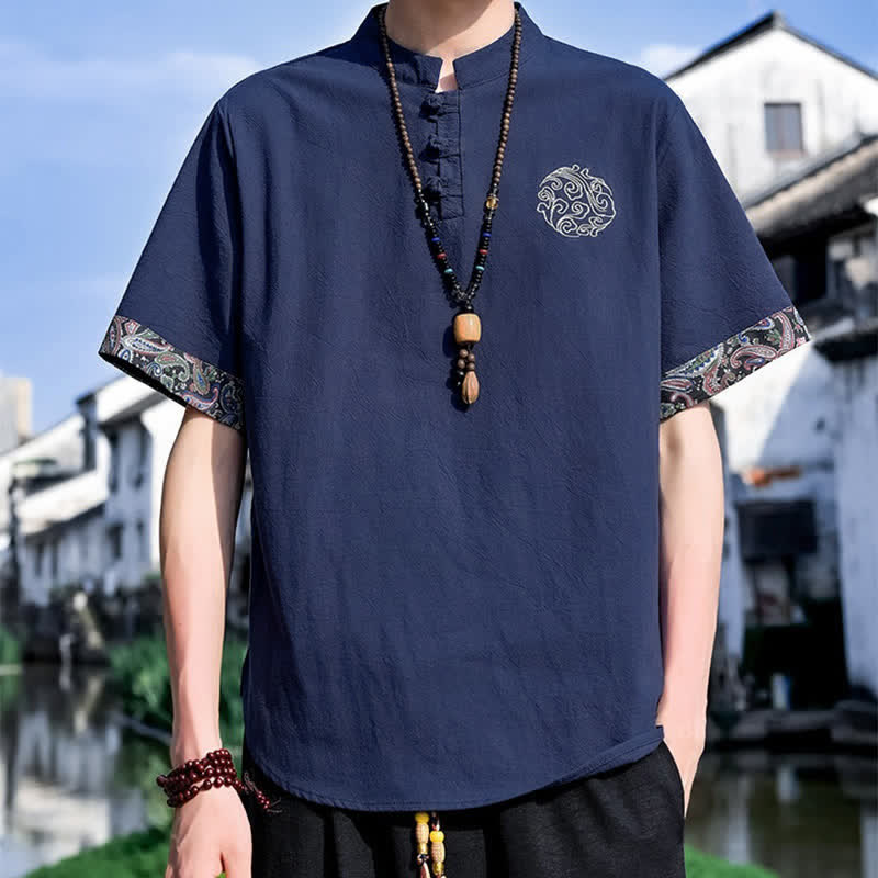 Nimara Ritual Summer Tang Style Casual Frog Button Embroidery Men's Short Sleeve Shirts