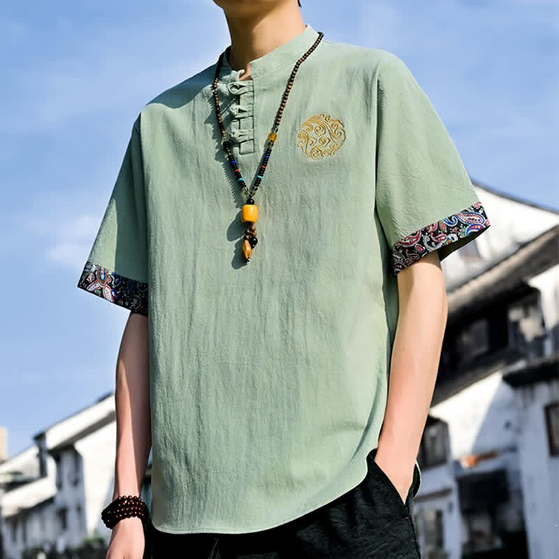 Nimara Ritual Summer Tang Style Casual Frog Button Embroidery Men's Short Sleeve Shirts